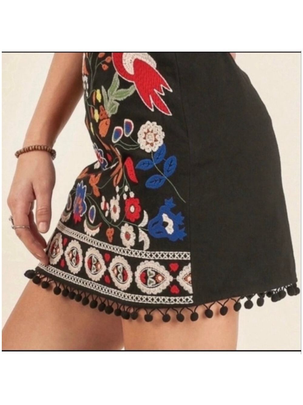 Umgee Black Multicolor Embroidered Mini Skirt Birds Pom Trim Sz L NWT - Picture 2 of 13